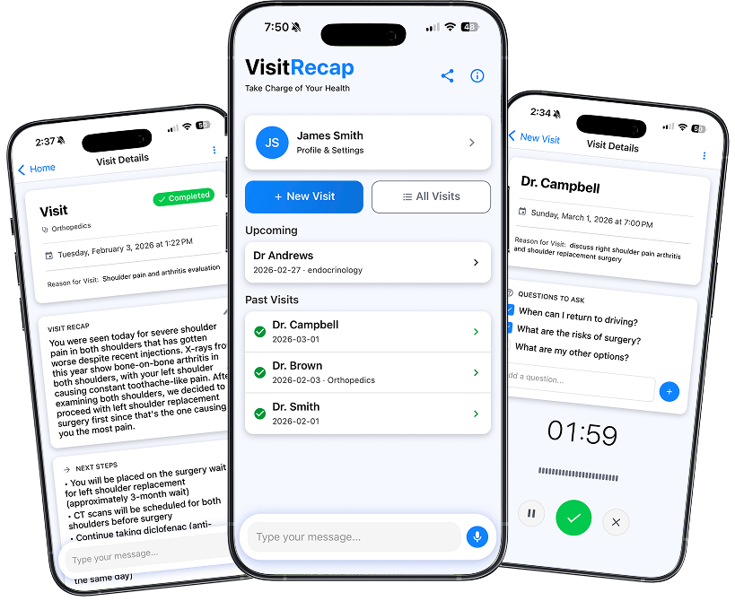 Three phones showing the VisitRecap app: a visit recap with notes, the home screen with upcoming and past visits, and a live visit recording with questions to ask