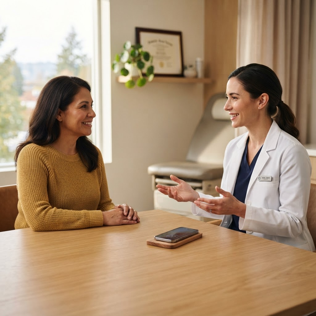 A doctor talking with a patient in a warm, welcoming medical office