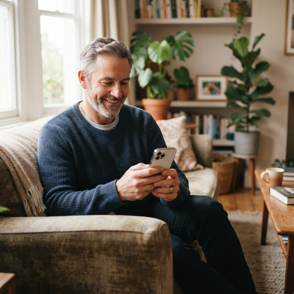 A relaxed patient reviewing their visit summary on a smartphone at home