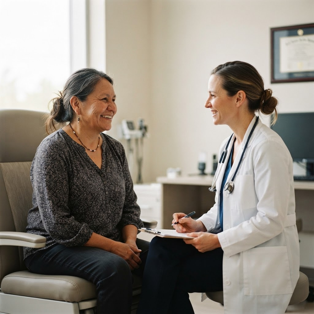 A smiling First Nations patient from Northern Ontario during a friendly doctor's appointment