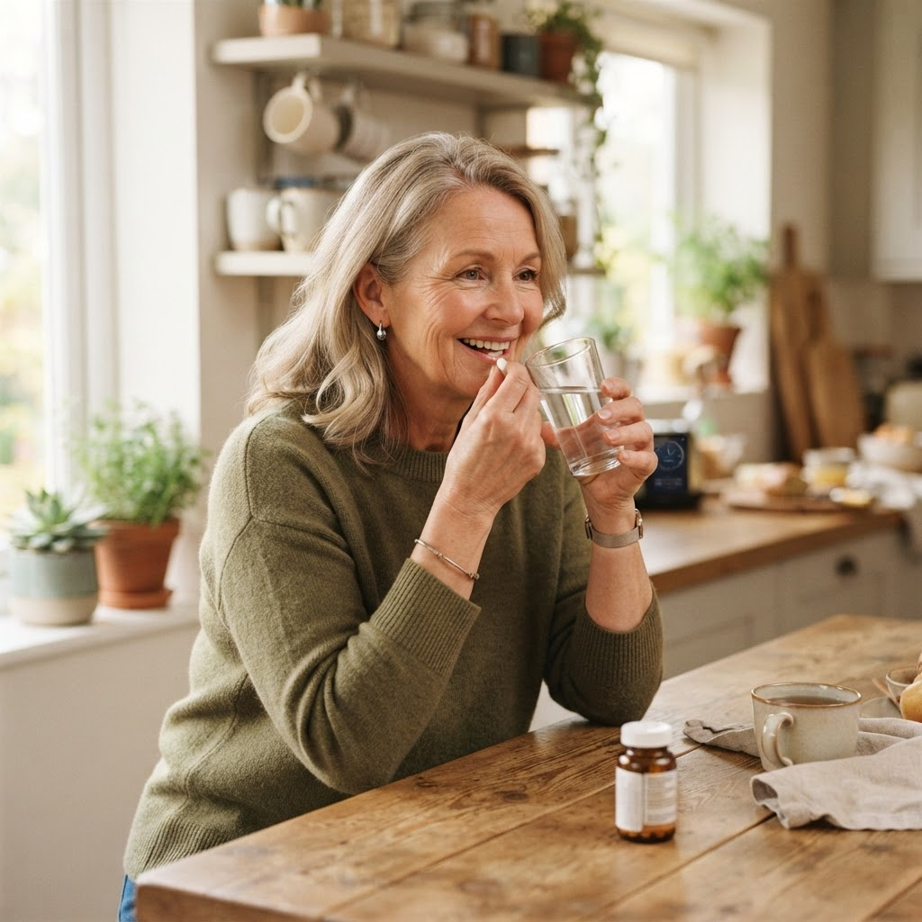 A woman at home taking her medication with a glass of water